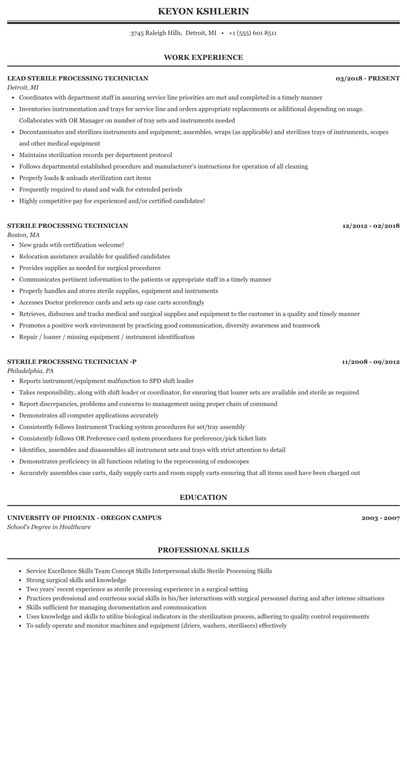 Get Free Sterile Processing Technician Resume Copy Vcon duhs edu pk