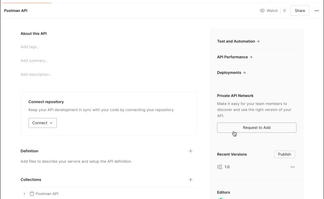 Request To Add Elements To Your Private API Network | Postman Docs