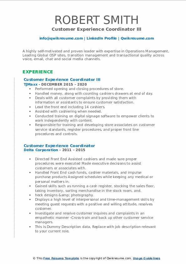 This way, your resume won't be . Customer Experience Coordinator Resume Samples | QwikResume