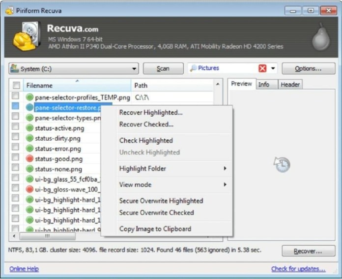 Recuva data recovery user interface.