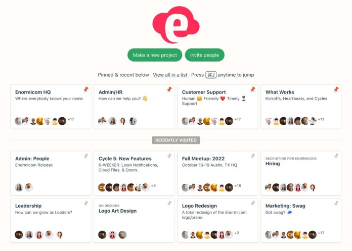 Basecamp project view page showing recently visited projects and pin projects.