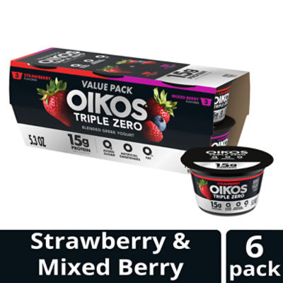 Oikos triple zero strawberry and mixed berry 15g protein, no sugar