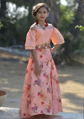 Peach Color Silk Party Wear Crop Top Readymade Kid Girl Gown Om Creation 2837873