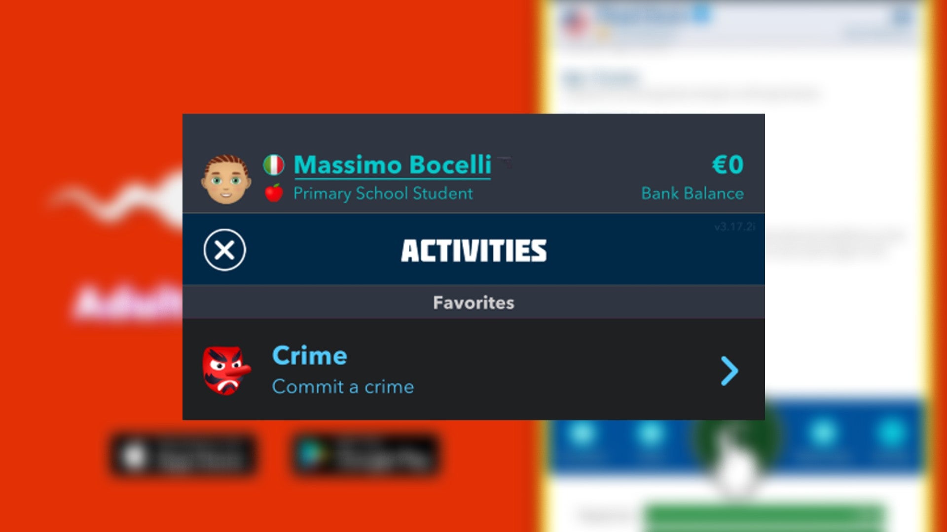 The player looks at the Crime section of the Activities tab in Bitlife