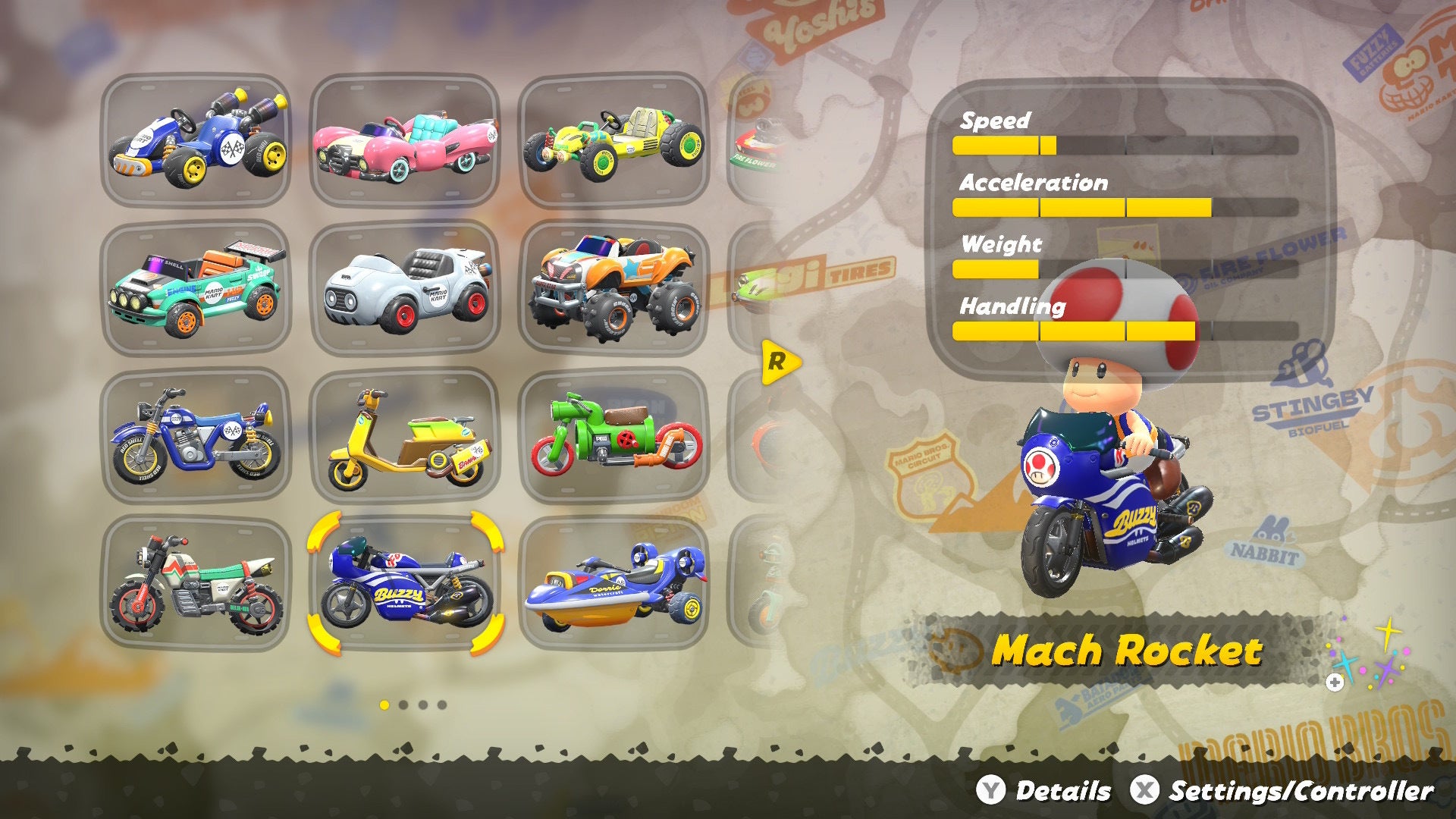 Toad can be seen sitting in the Baby Blooper with the stats shown in Mario Kart World