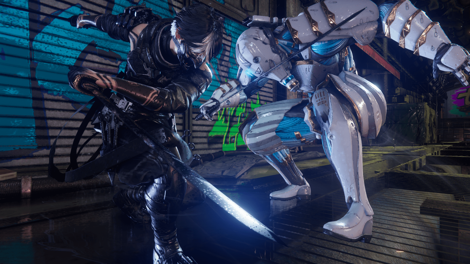 Ninja Gaiden 4 screenshot showing cyber ninja Yakumo preparing to slice at a white robotic enemy