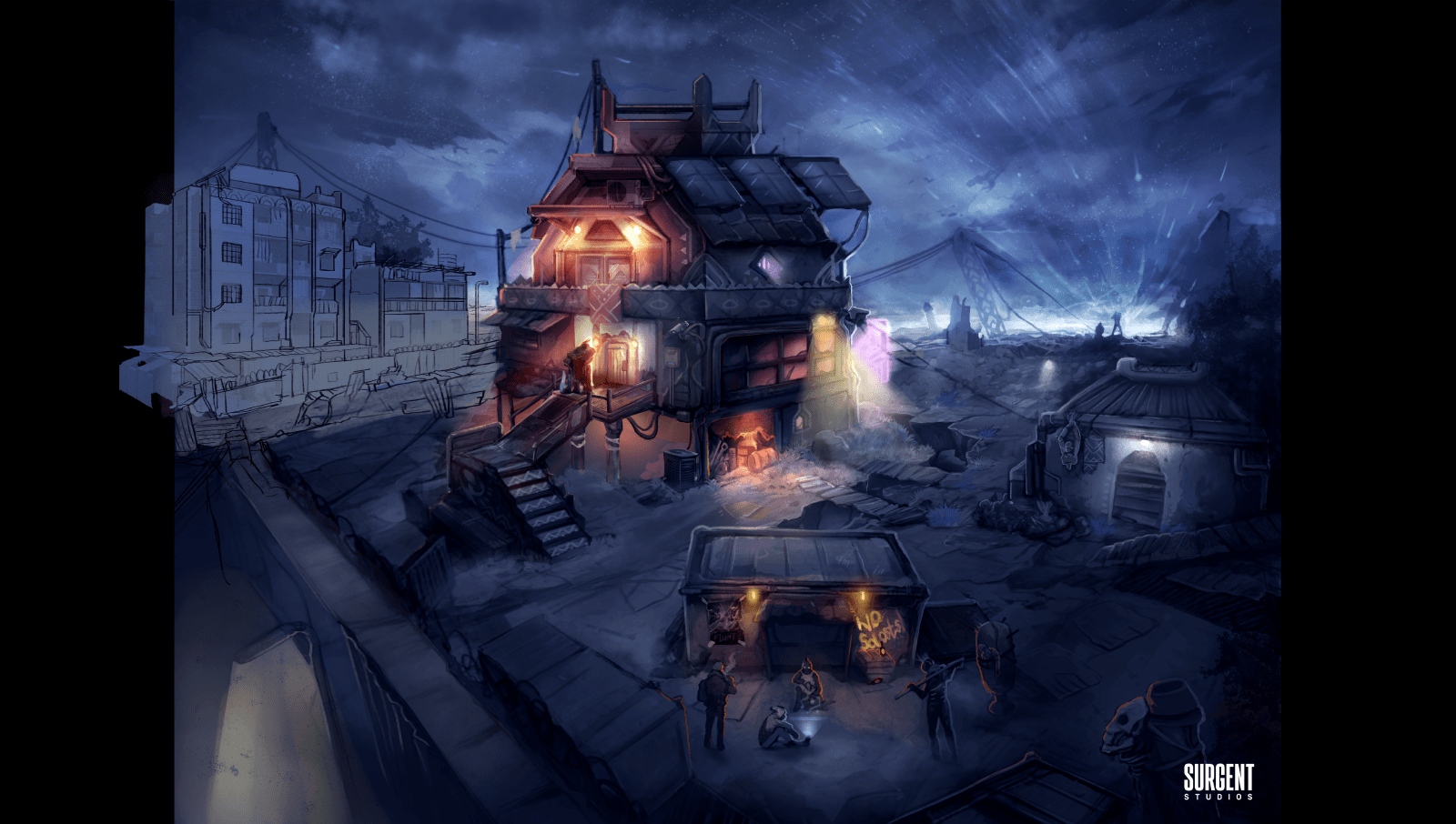 Concept artwork for Project Uso showing slum building in blue moonlight