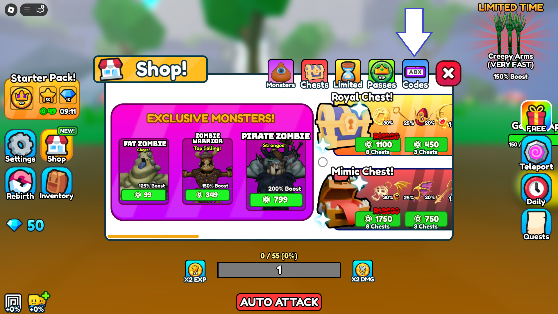 A screenshot of Monster Evolution in Roblox showing the game's Codes button.