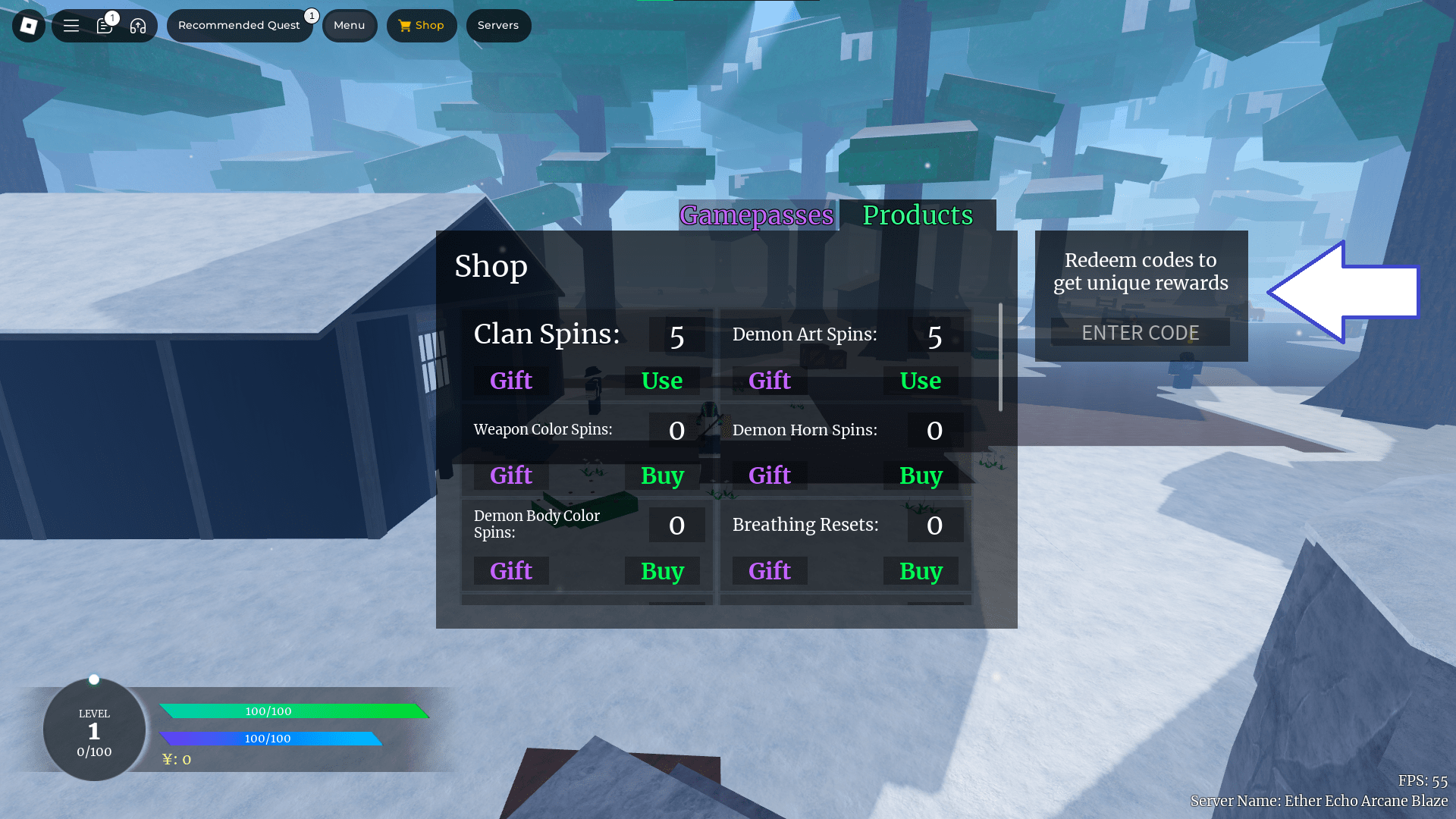 A screenshot of Slayer Online in Roblox showing the game's codes field.