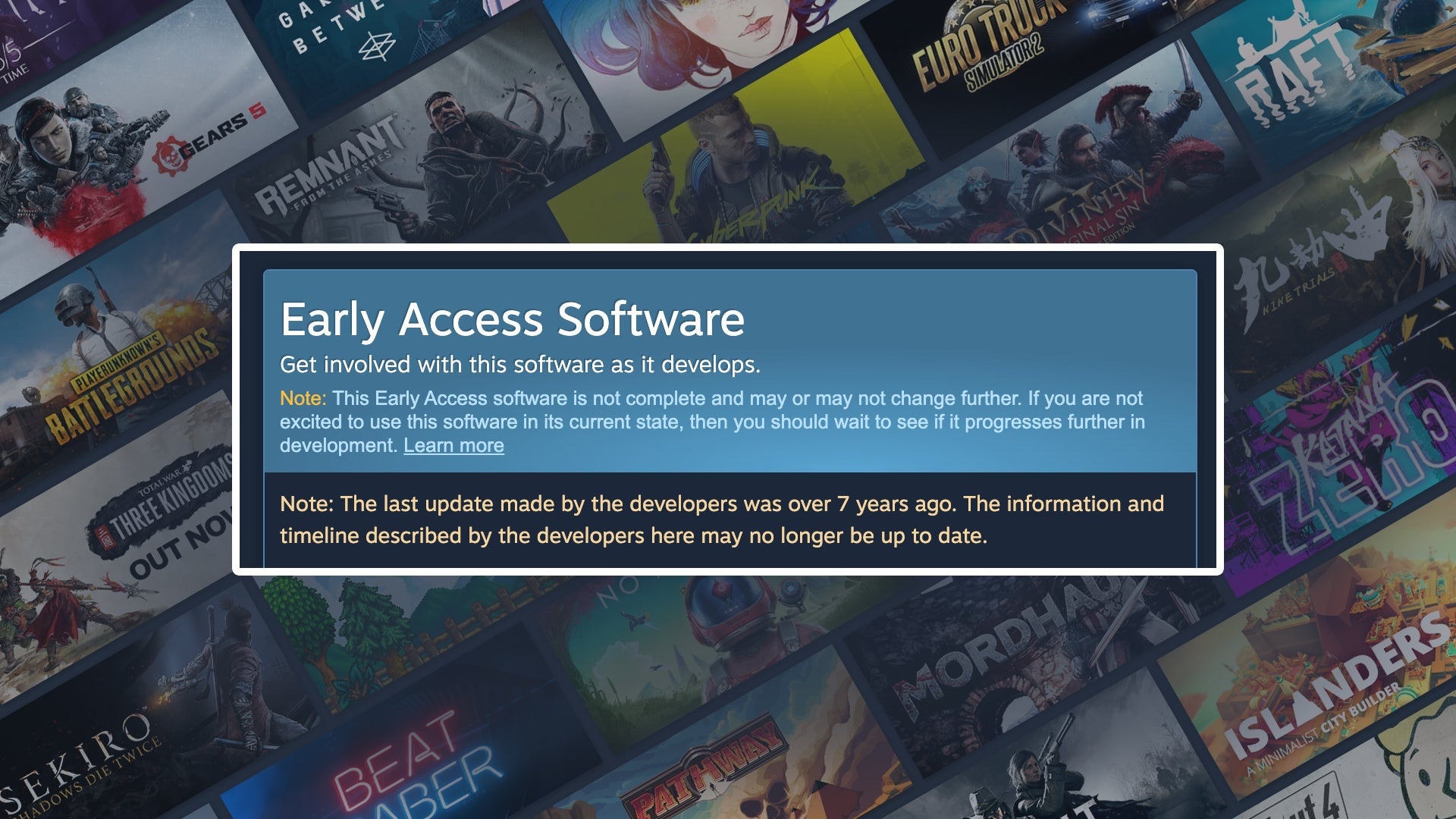 Steam Adds Warning Flagging Potentially Abandoned Early Access Games Steam Early Access Warning 
