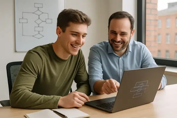 Two developers collaboratively designing an algorithm on a laptop with a flowchart visible on screen