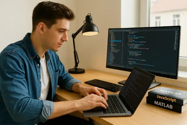 Young male developer writing clean code at his desk with JavaScript and MATLAB books visible