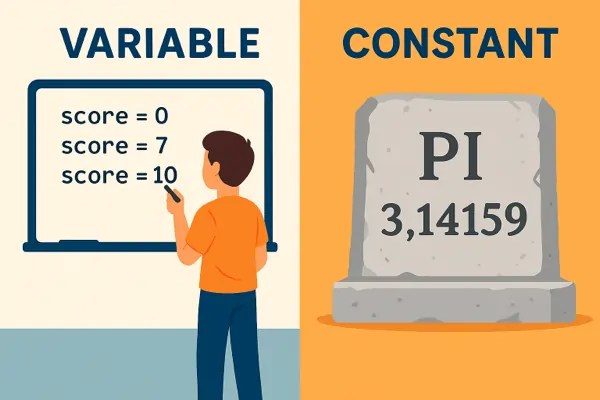 Illustration comparing a changeable Python variable (score on whiteboard) with an unchanging constant (pi engraved in stone)