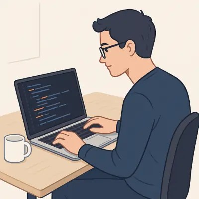 Square illustration of a developer writing PHP code on a laptop at a desk, symbolizing PHP assignment help.