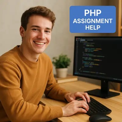 Student smiling at desk while typing PHP code on a laptop with a “PHP Assignment Help” badge