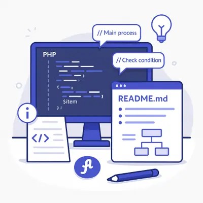Flat-vector illustration of PHP code commenting and documentation with annotated code and README file