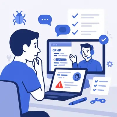 Flat-vector illustration of a student receiving post-delivery PHP assignment support via live chat and video