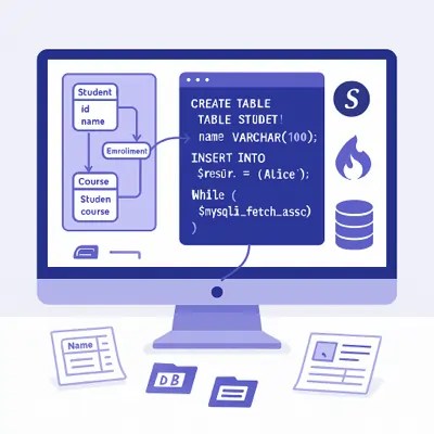 Flat-vector illustration of database design and integration workflow with ER diagram, SQL script, and PHP code
