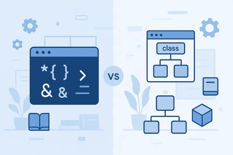 Comparison illustration of C vs C++ programming languages with code symbols and class diagrams
