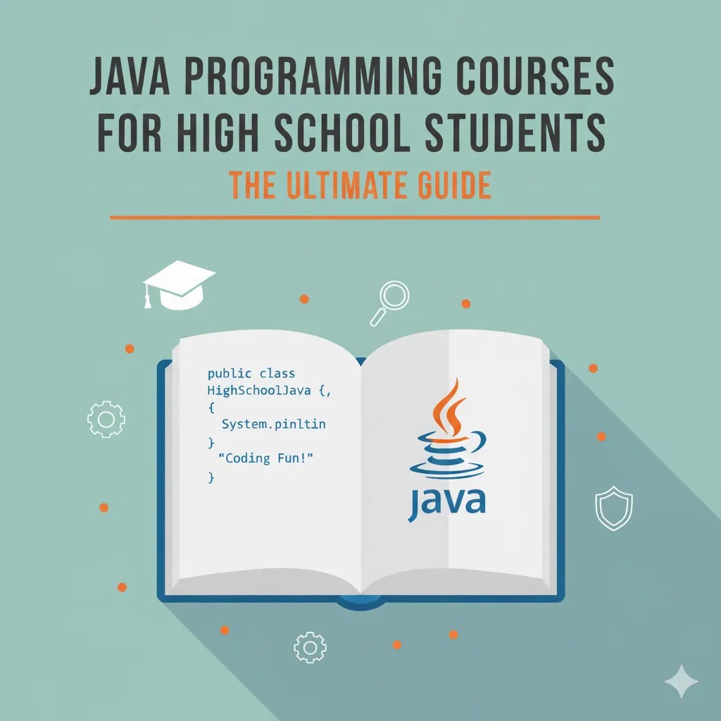 Java programming courses for high school students guide with book illustration and Java logo