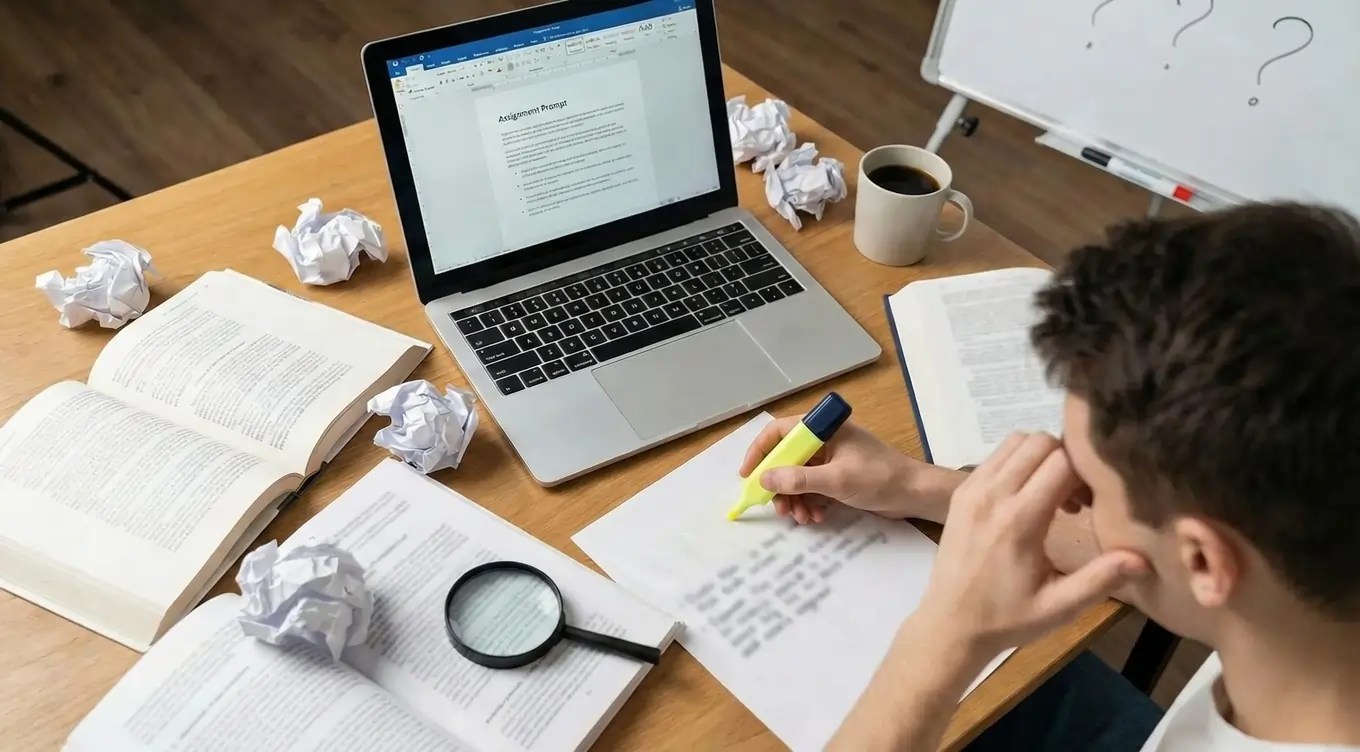 Student analyzing confusing assignment prompt with multiple drafts and research materials