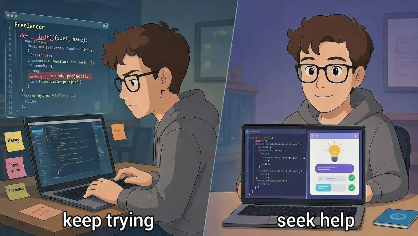 Programming student deciding between keep trying alone or seeking homework help with frustrated coder on left and confident student getting help on right