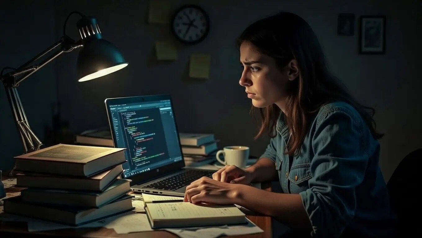 Female student studying late at night with laptop showing code, surrounded by textbooks and desk lamp in dimly lit room