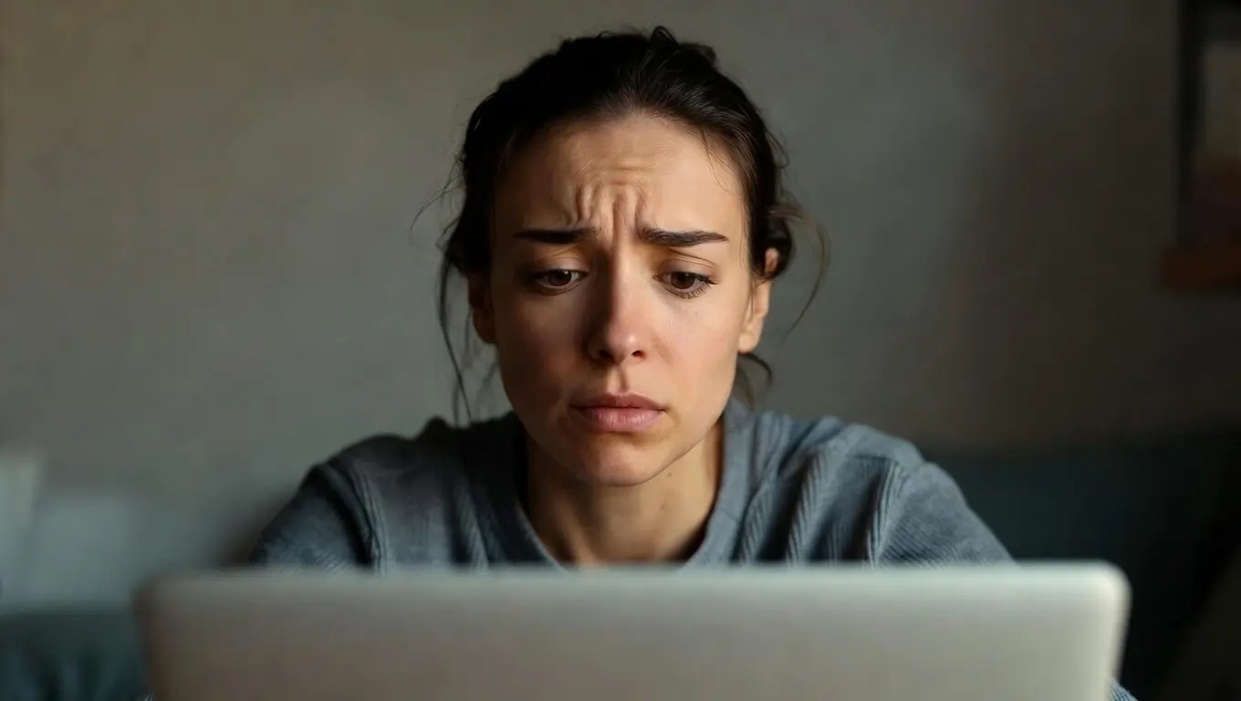 Frustrated female programmer with deeply furrowed brow staring intensely at laptop screen while struggling with difficult coding assignment