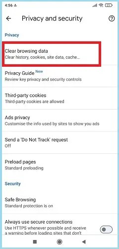 tap clear browsing data to clear cache files in google chrome