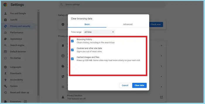 check all boxes to clear cache and cookies in google Chrome
