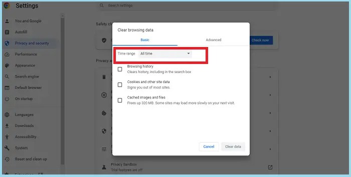 select a time range to clear cache and cookies in google chrome