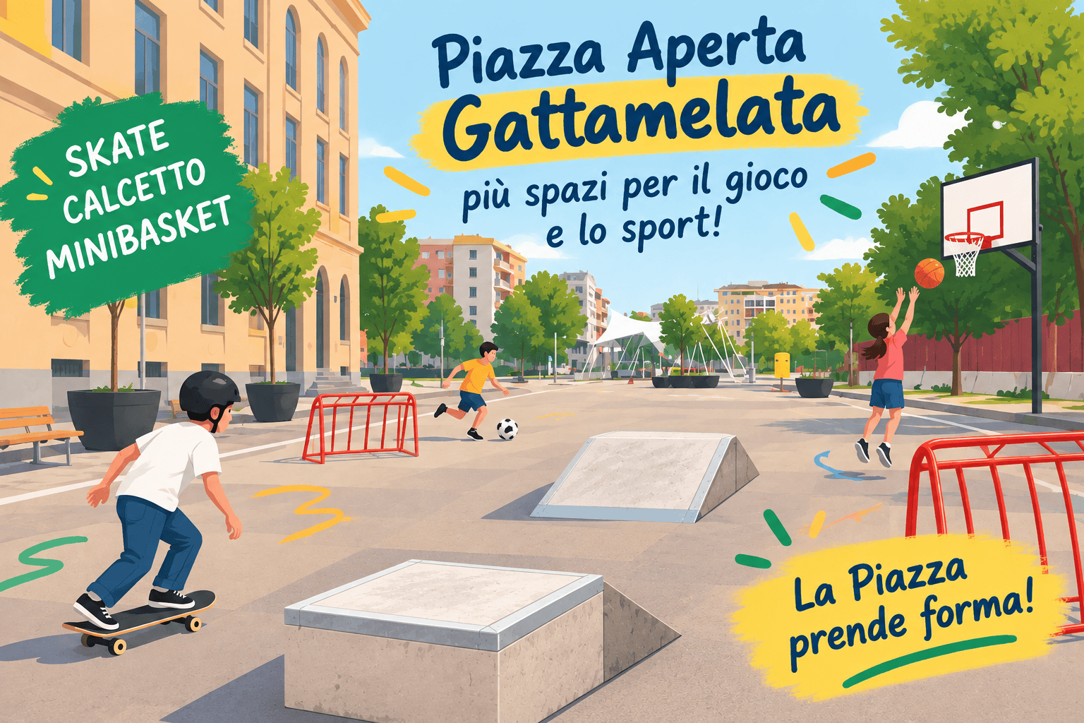 In piazza arrivano skate, calcetto e minibasket