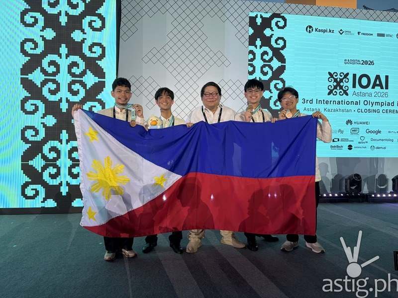 Four Filipino high school students from the Philippine delegation at the IOAI 2026 closing ceremony in Astana, Kazakhstan