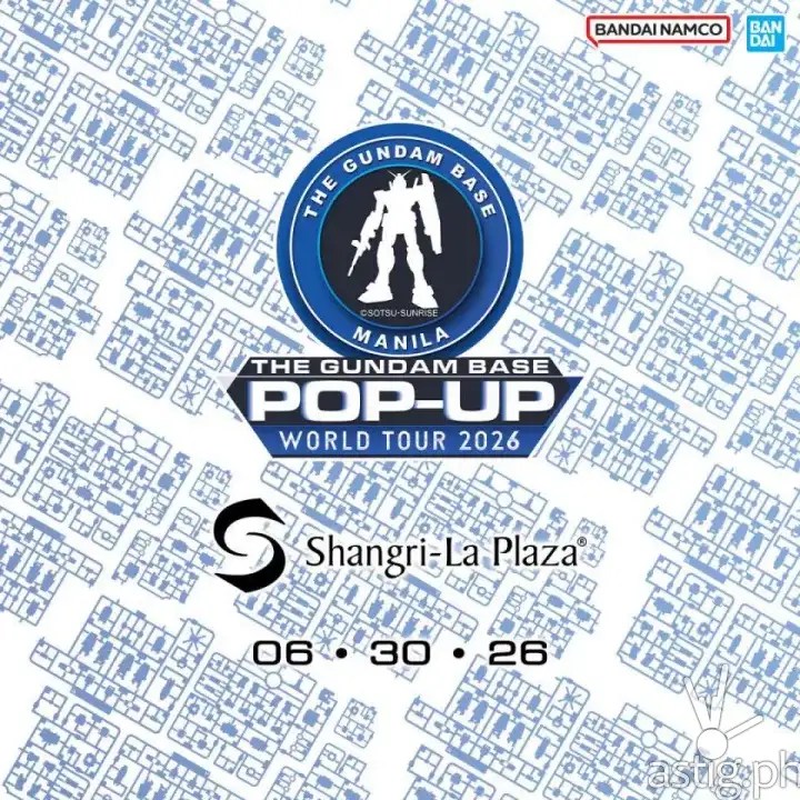 Official Gundam Base pop-up promotional art showing Gunpla kits and the Bandai branding