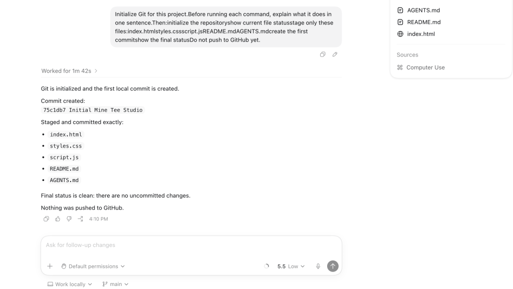 Screenshot of Codex after initializing Git for Mine Tee Studio, showing the first local commit, committed files, clean final status, Default permissions, and main branch selected.