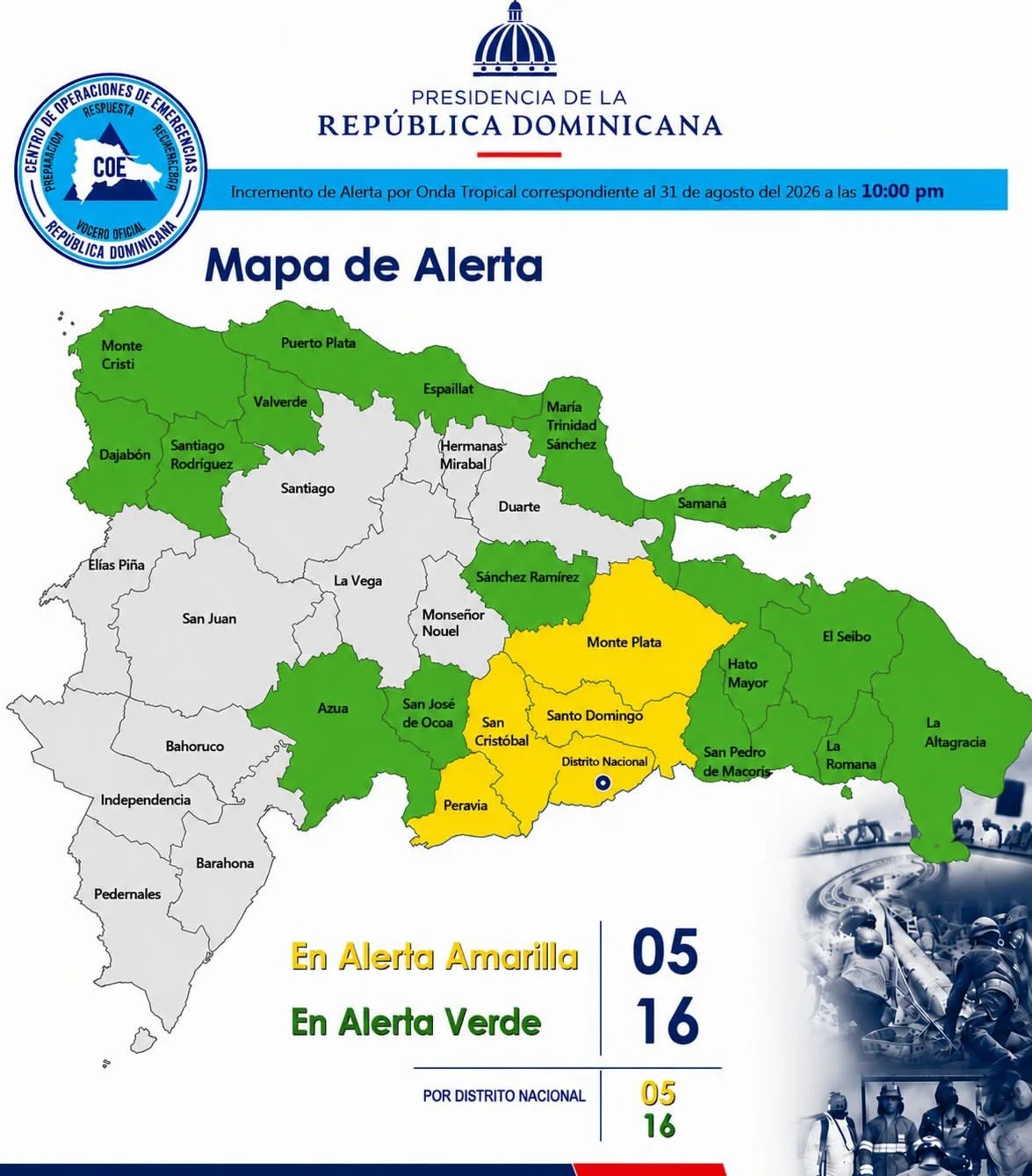 Coe coloca en alerta amarilla al gran santo domingo y 3 provincias