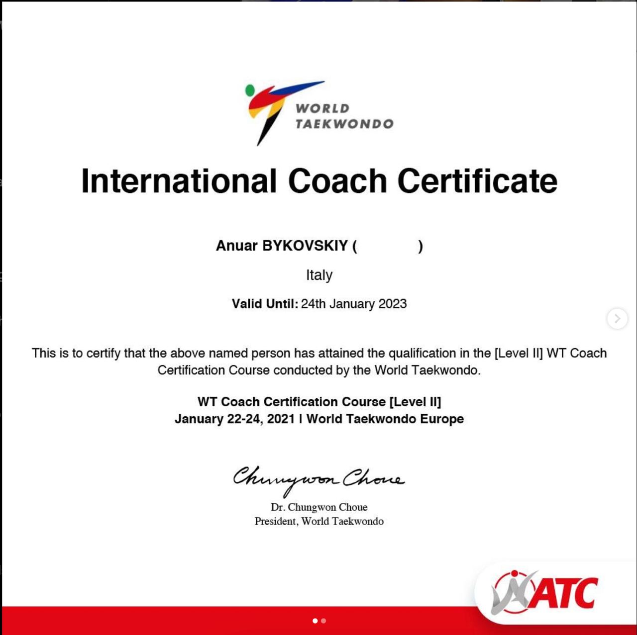 Taekwondo international coach livello 2 ATC alessandria