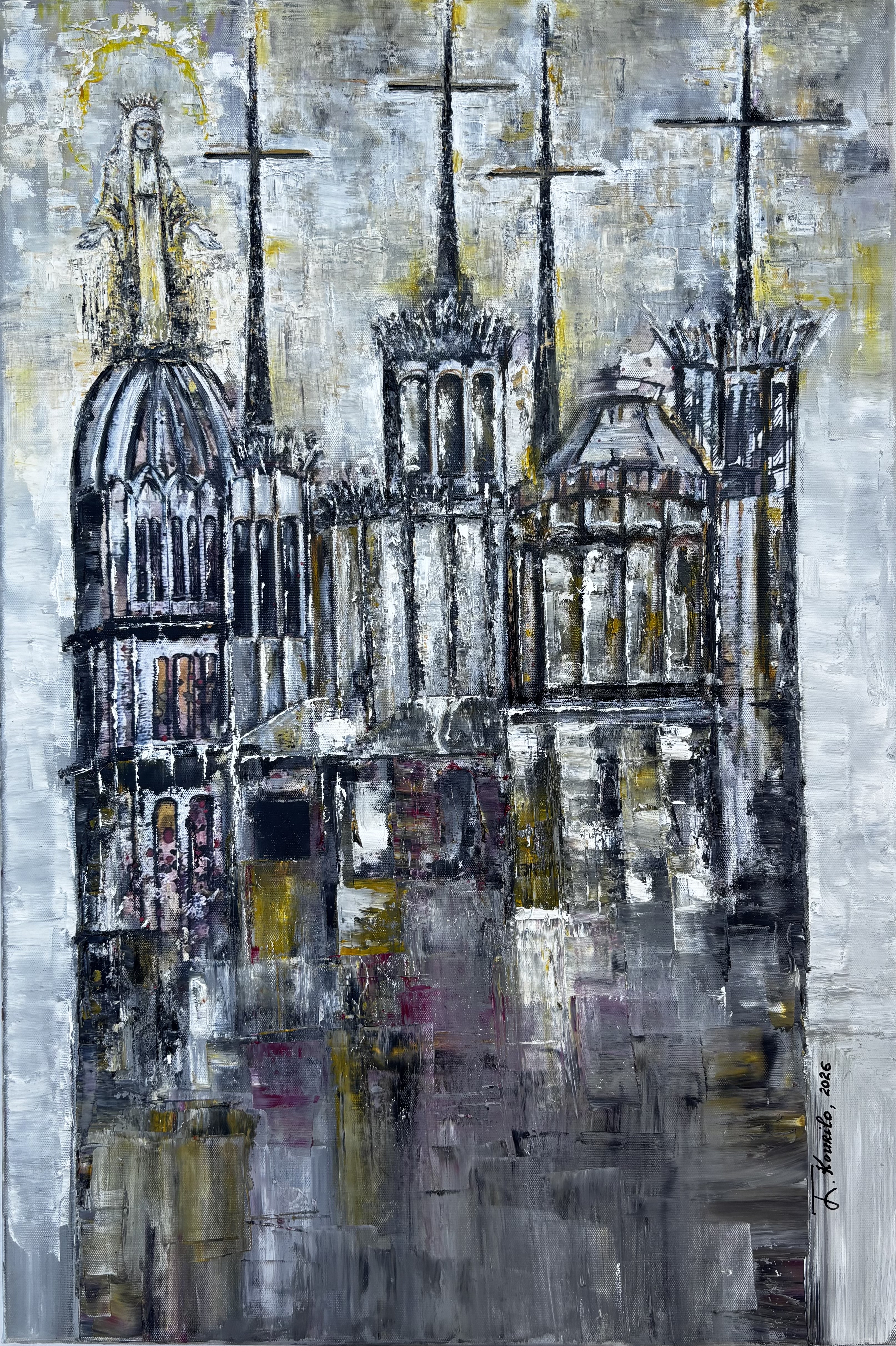 Élévation, peinture à l’huile au couteau représentant une architecture religieuse avec croix et statue de la Vierge
