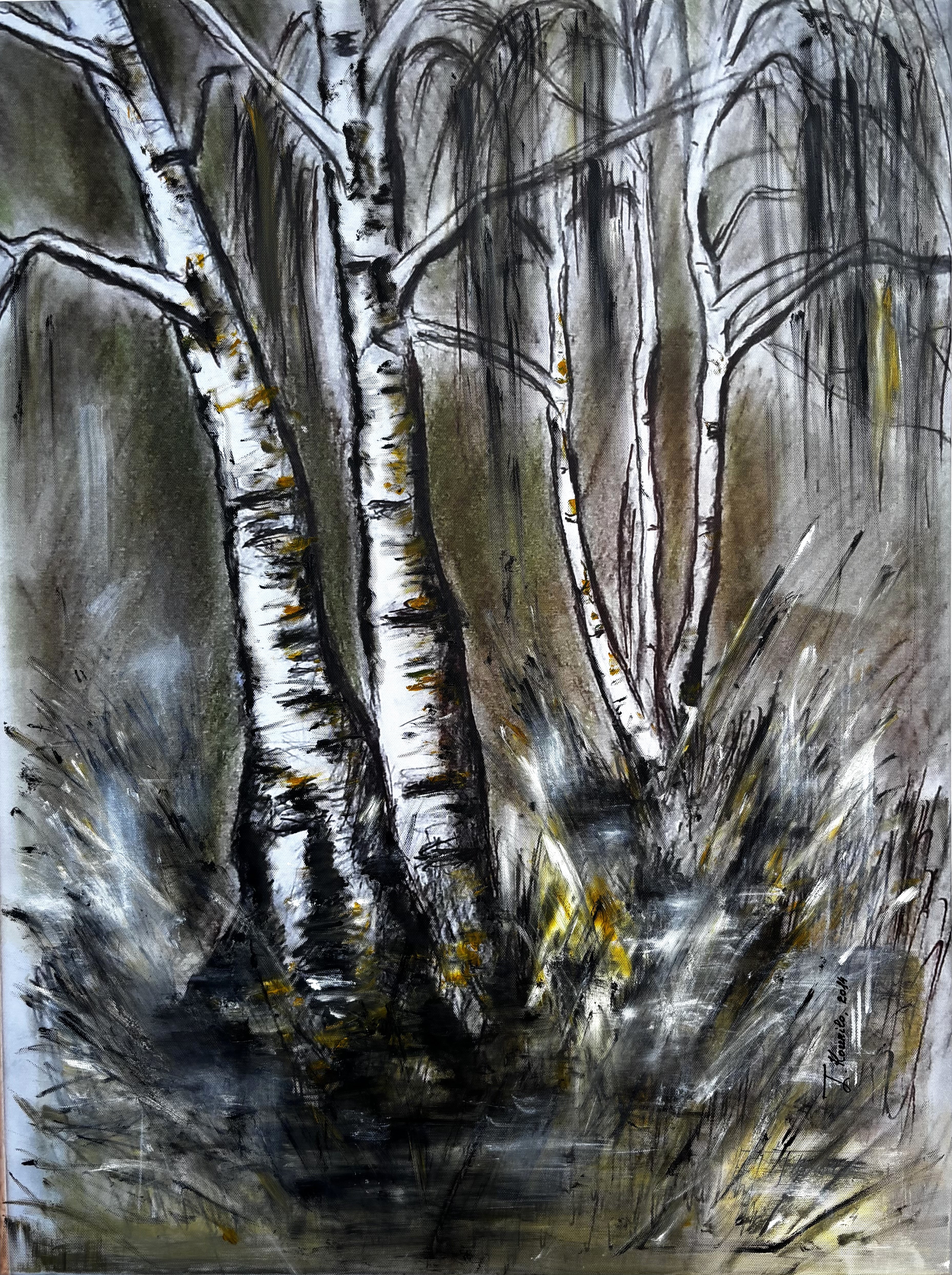 Mon Esprit — Русская берёза, dessin au crayon et peinture à l’huile sur toile, 60 × 80 cm, forêt de bouleaux en Biélorussie.