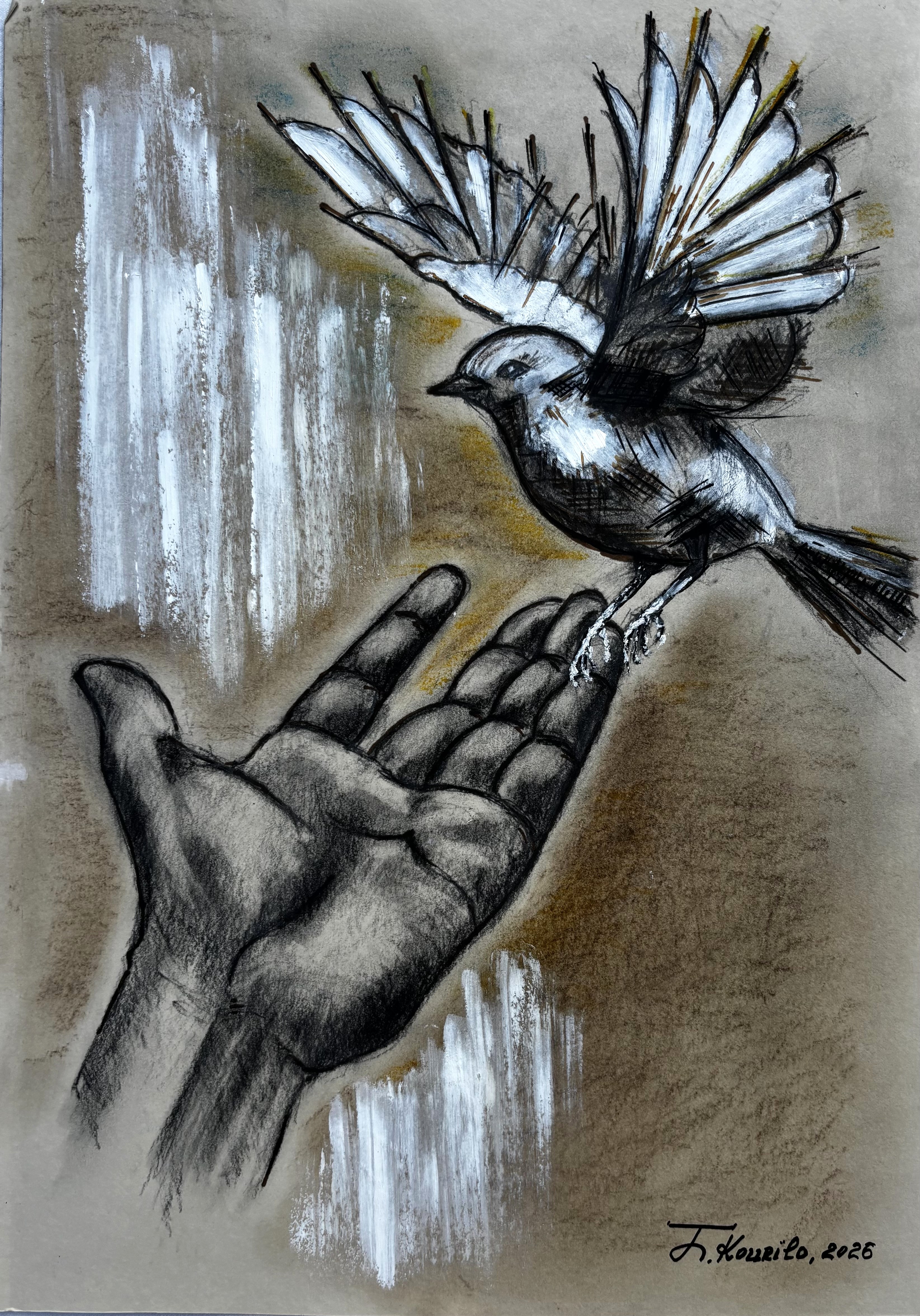 Un Souffle, huile sur toile, 2026. Main tendue vers un oiseau aux ailes déployées. Tons gris, noir, blanc et beige.