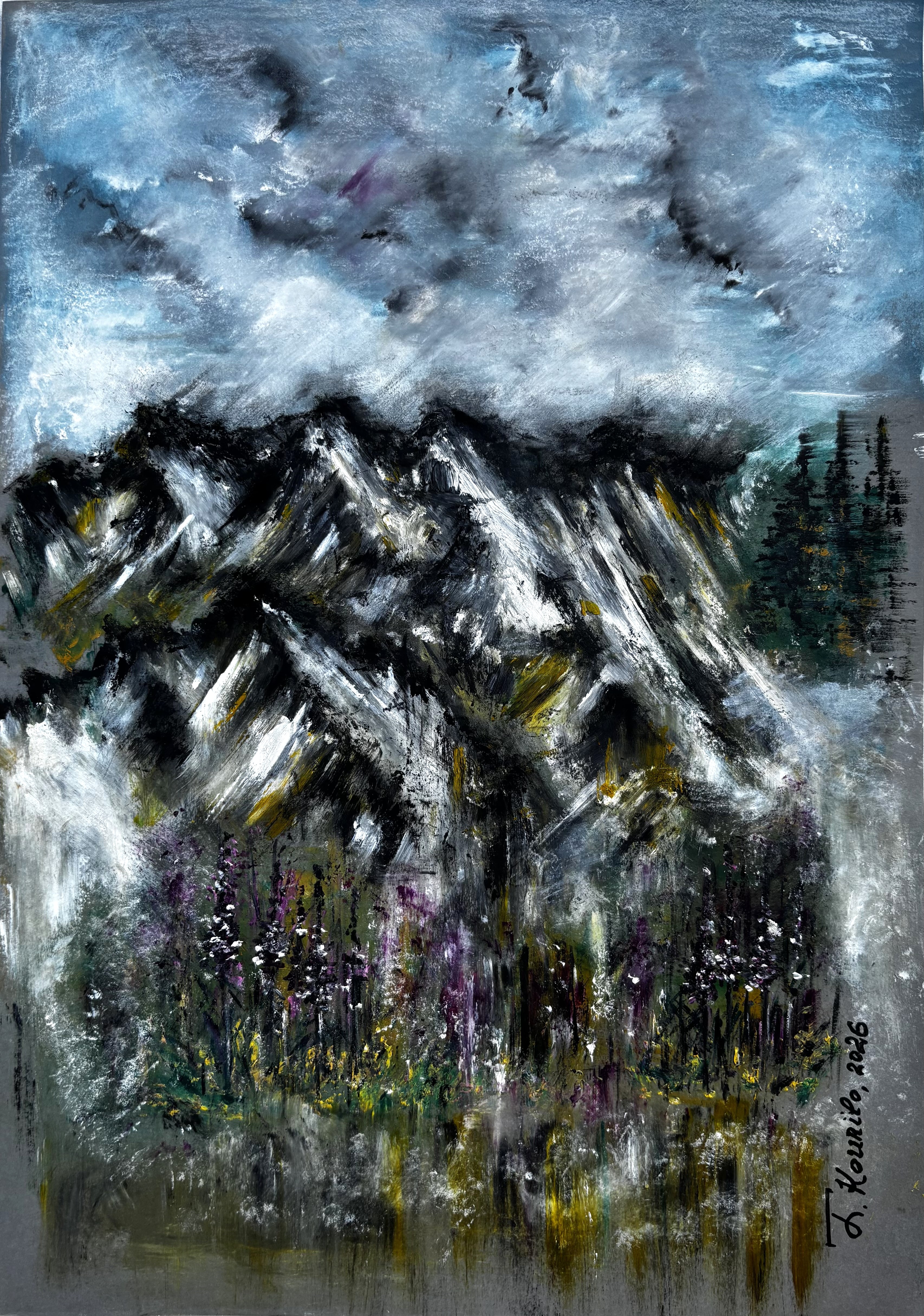 Peinture originale Brume d’Altitude représentant des montagnes enneigées sous un ciel brumeux, avec une végétation sauvage au premier plan, dans des tons de bleu, blanc, noir, jaune et violet.