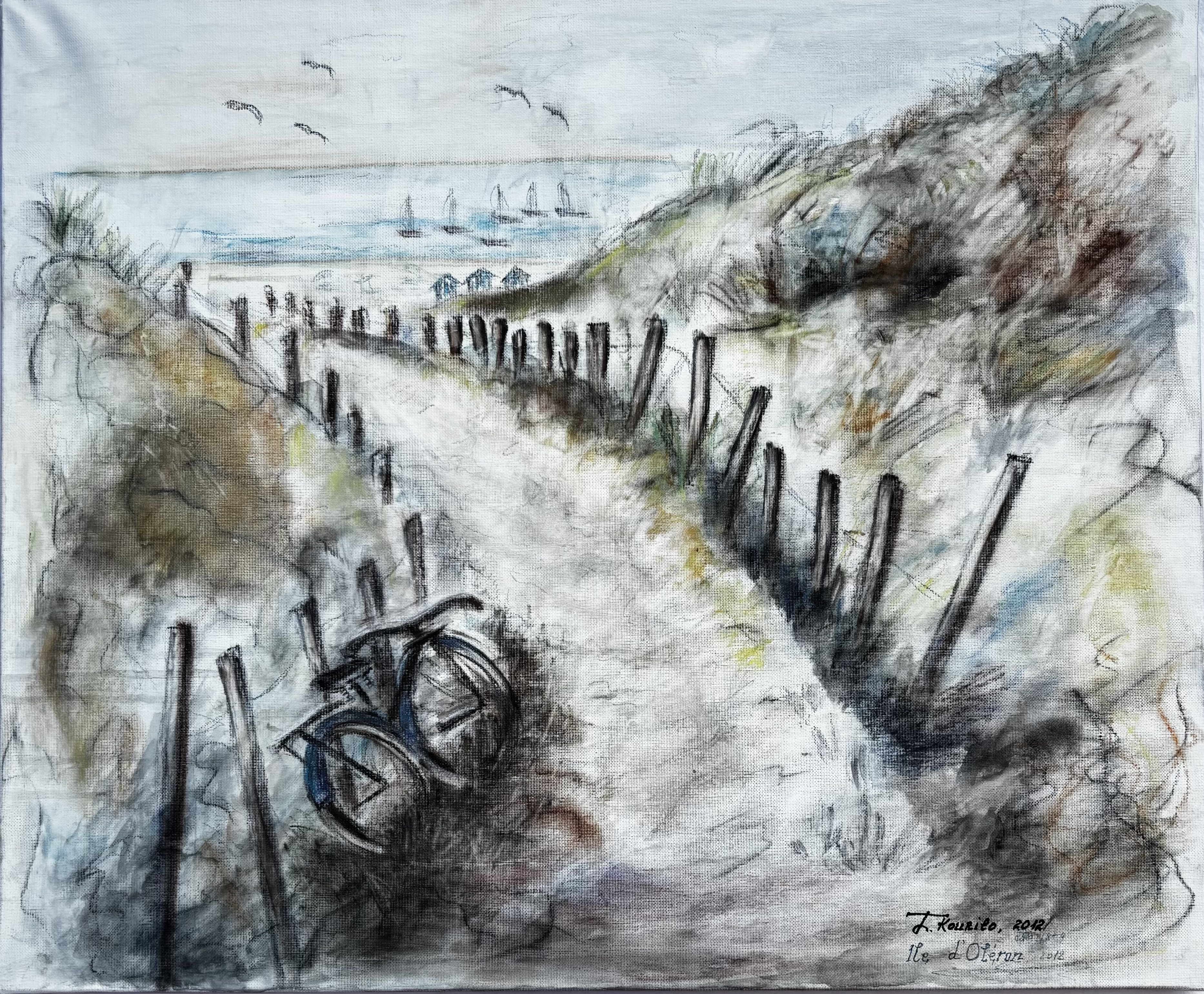 Dessin au crayon représentant un chemin dans les dunes de l’Île d’Oléron, avec l’océan et des voiliers à l’horizon