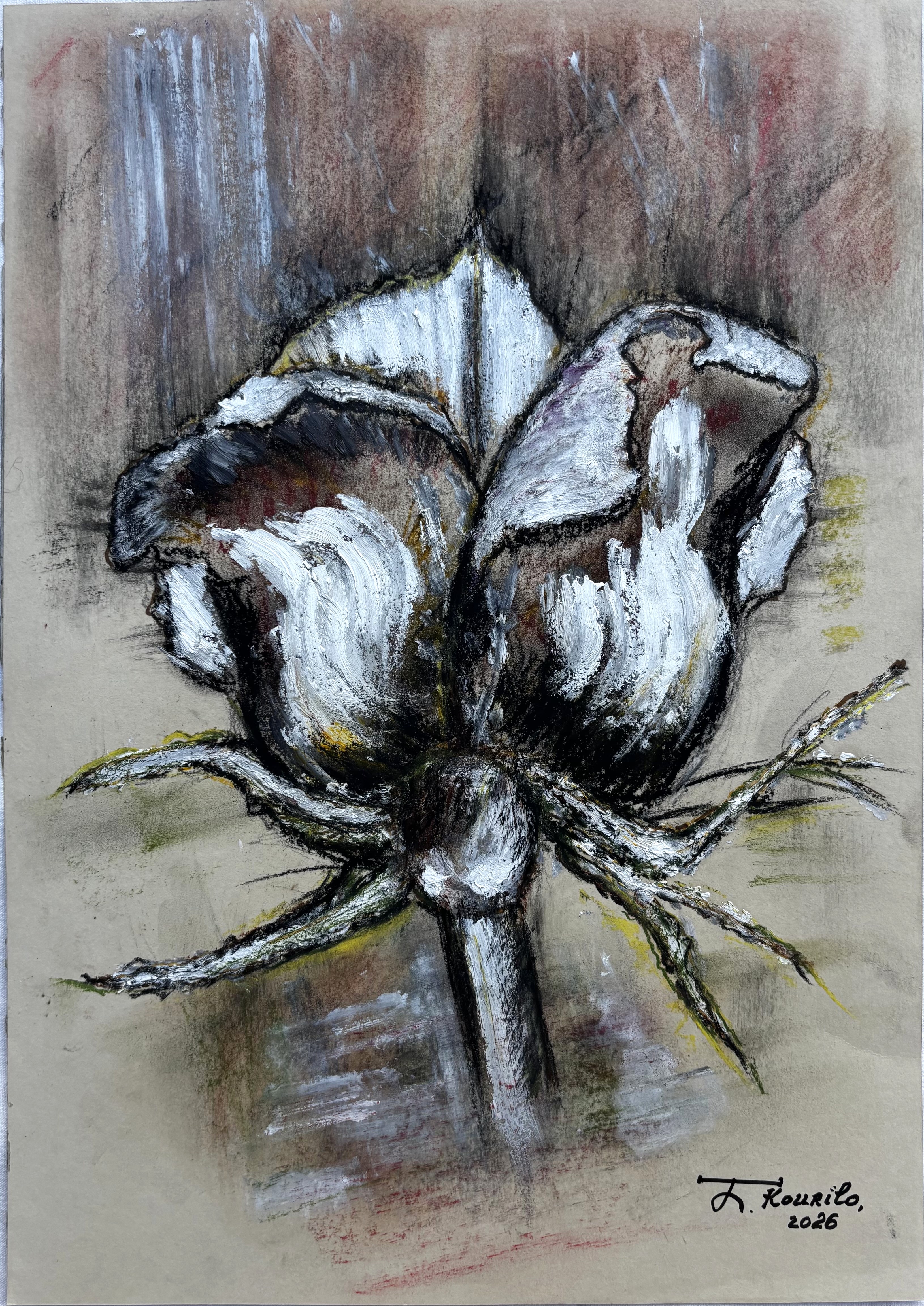 Sérénité, fleur dessinée au crayon et peinte à l’huile sur papier, œuvre originale de 2026