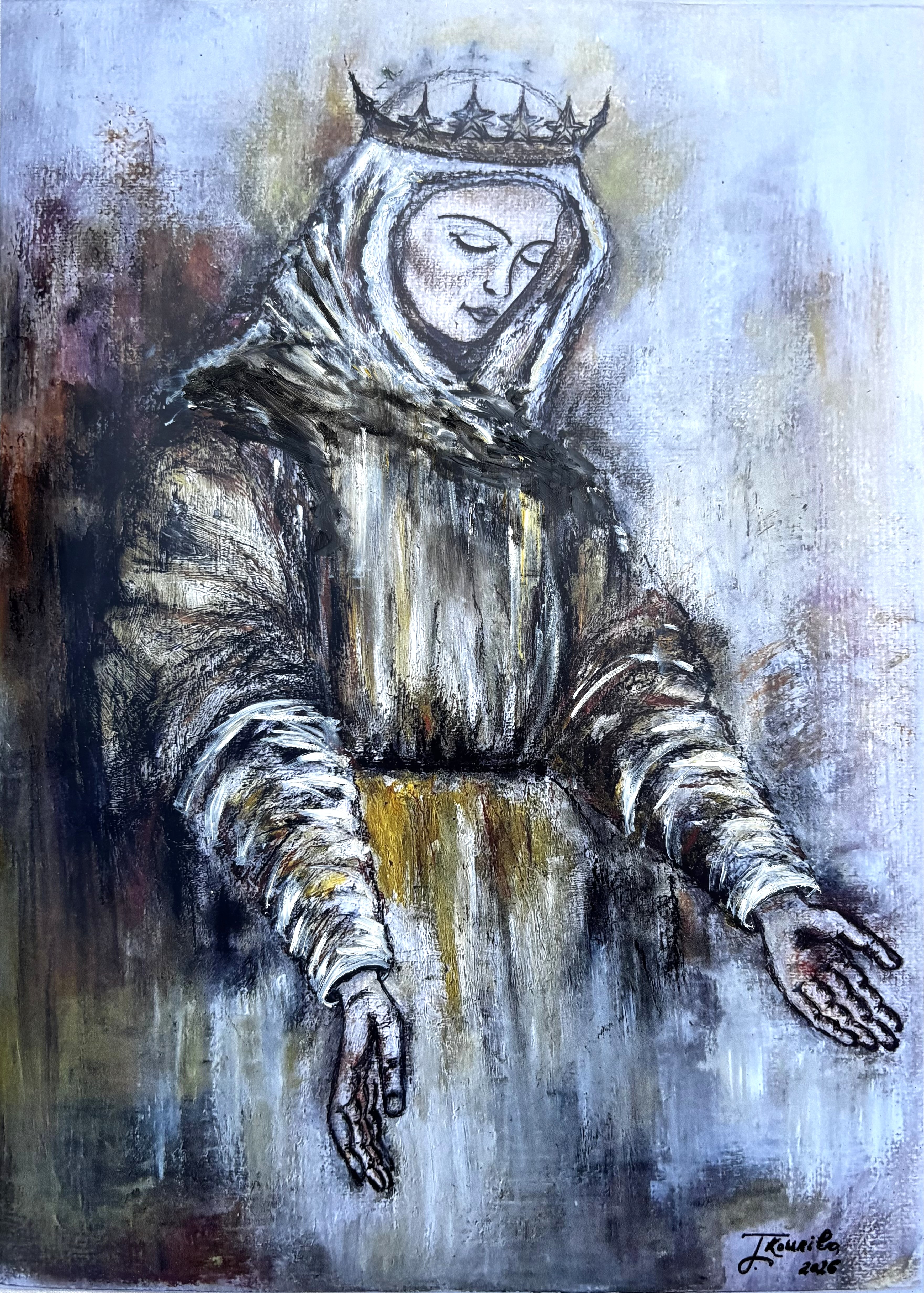 Grâce Divine, dessin au crayon représentant une figure féminine couronnée, les yeux fermés, dans une atmosphère spirituelle et contemplative
