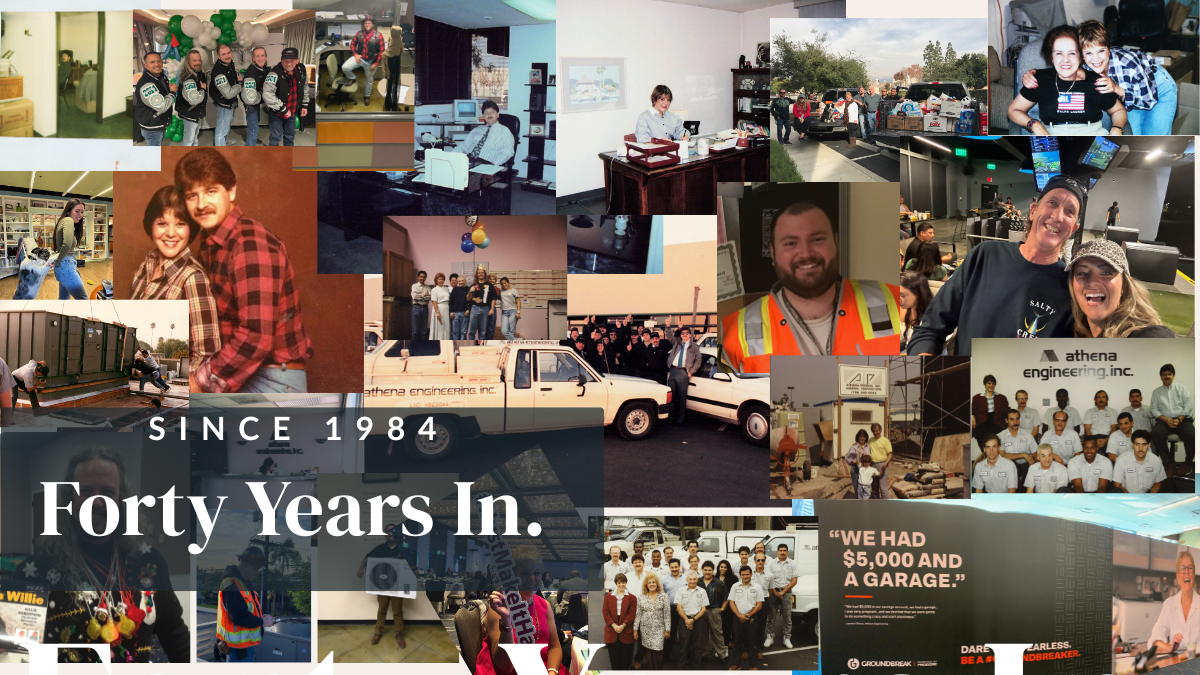 Photo collage spanning forty years of Athena Engineering — Jannie and Richard Chiera in the 1980s, the original Athena Engineering pickup truck, early San Dimas office, decades of team photos, and current crew at jobsites and recognitions. Headline overlay reads "Forty Years In. Since 1984."
