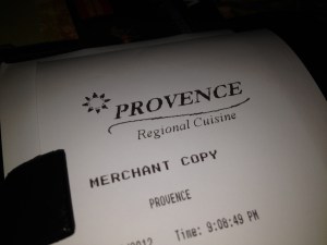 Receipt from Provence Restaurant Carrboro NC USA