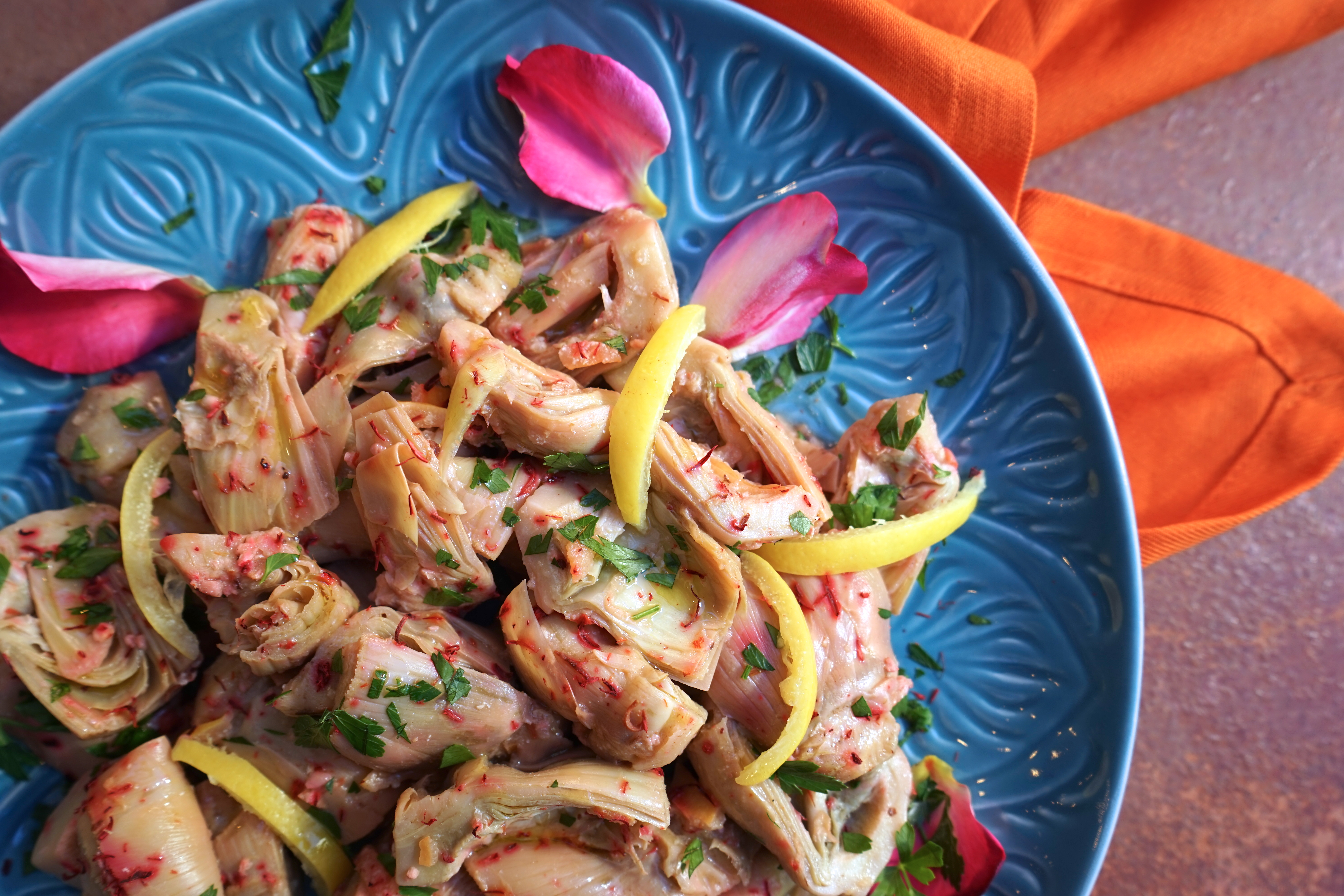 Artichoke Salad with Saffron & Preserved Lemons (Moroccan Feast)
