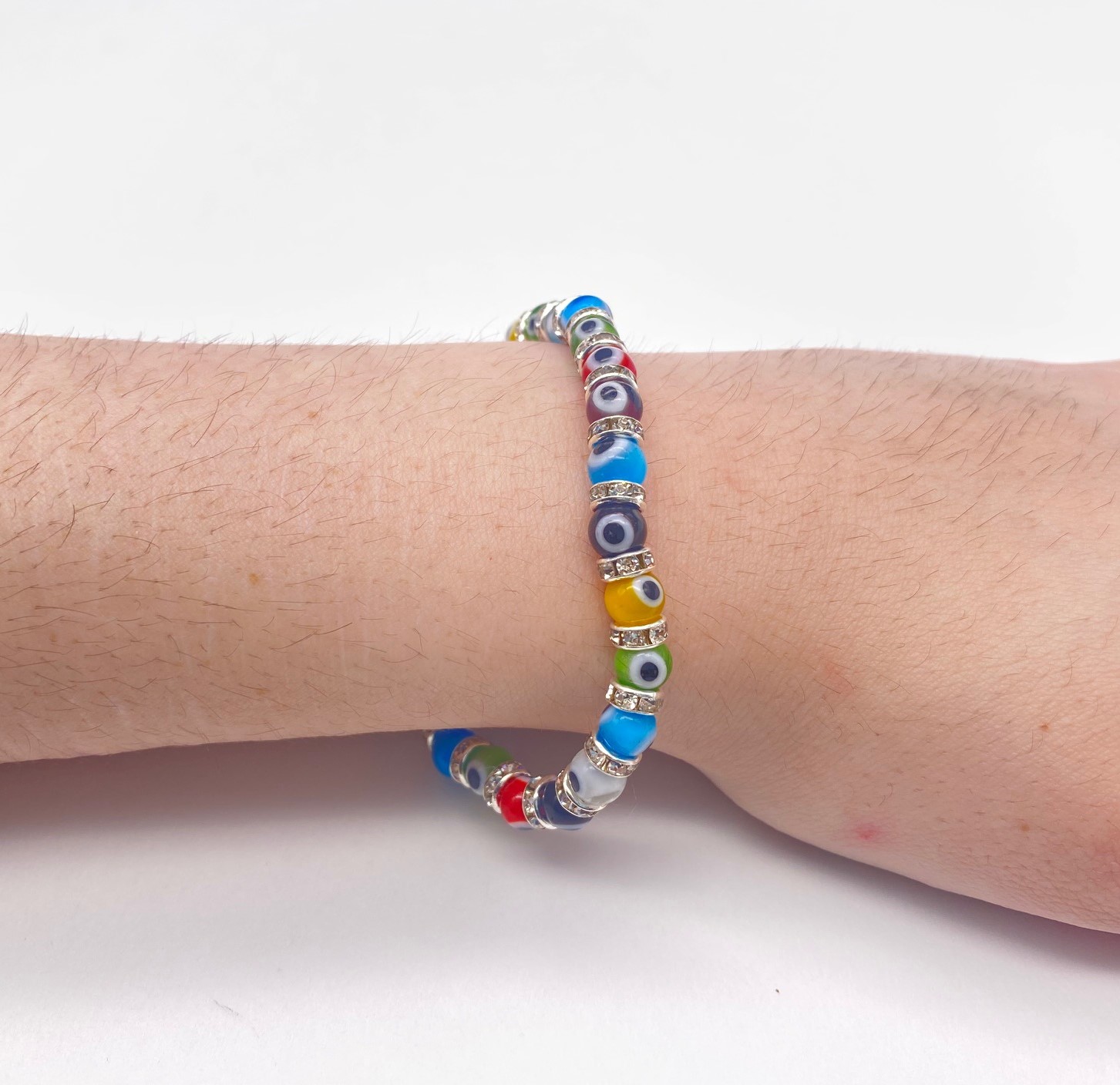 Evil Eye Bracelet – Multi Color Beads with Silver Disks – A Time