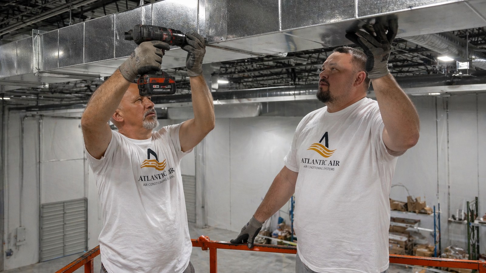 AtlantFlow AC & HEAT technicians installing commercial ductwork — licensed HVAC installation South Florida