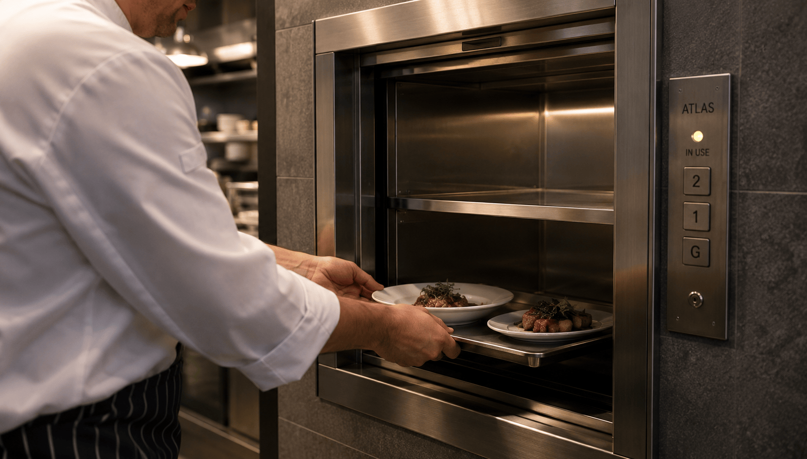 A chef places two plates of food into a stainless steel dumbwaiter in a restaurant kitchen, with control buttons and an indicator light visible on the side panel.